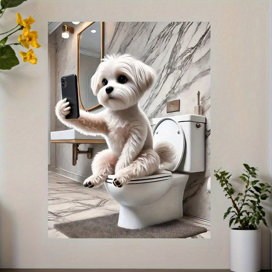 Funny Maltese Dog Canvas 1pc Funny Maltese Dog Canvas Wall Art  Selfie on Toilet with Smartphone Modern Humorous Animal Poster for Living Room Bedroom Bathroom Decor 12x16 Inch Perfect Gift for Dog Lovers Playful Room Accent