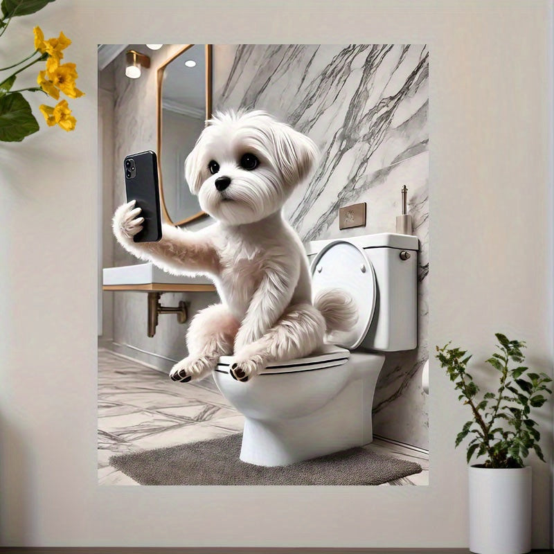 Funny Maltese Dog Canvas 1pc Funny Maltese Dog Canvas Wall Art  Selfie on Toilet with Smartphone Modern Humorous Animal Poster for Living Room Bedroom Bathroom Decor 12x16 Inch Perfect Gift for Dog Lovers Playful Room Accent